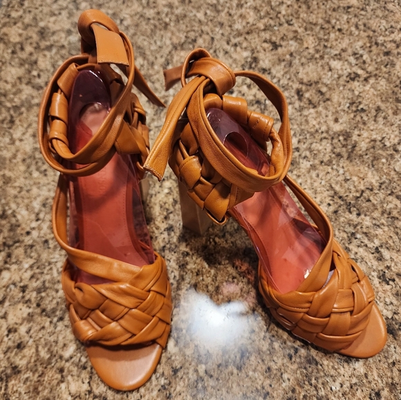 ULLA JOHNSON Braided Leather Ankle-Tie Wood-Heel Sandals - Tan - Size 40/10 - Picture 2 of 10